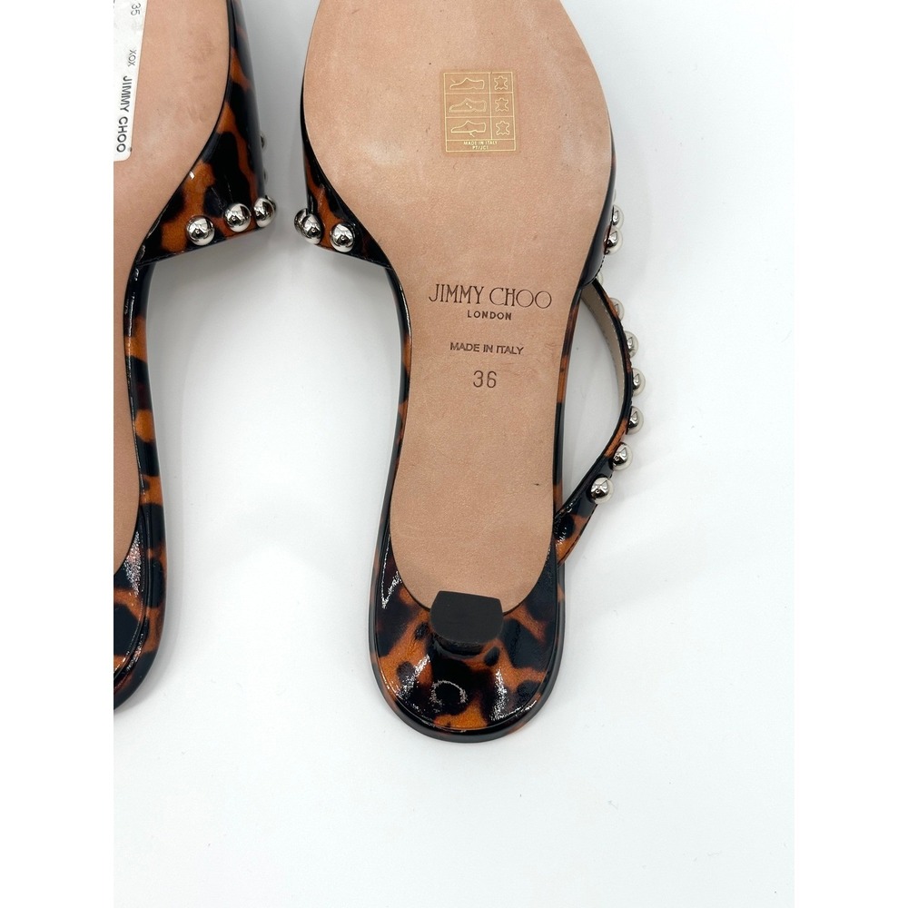 Jimmy Choo Ros 35 Tortoise Shell Patent Leather Studded Mules 36 / 6 Kitten Heel - Picture 9 of 9